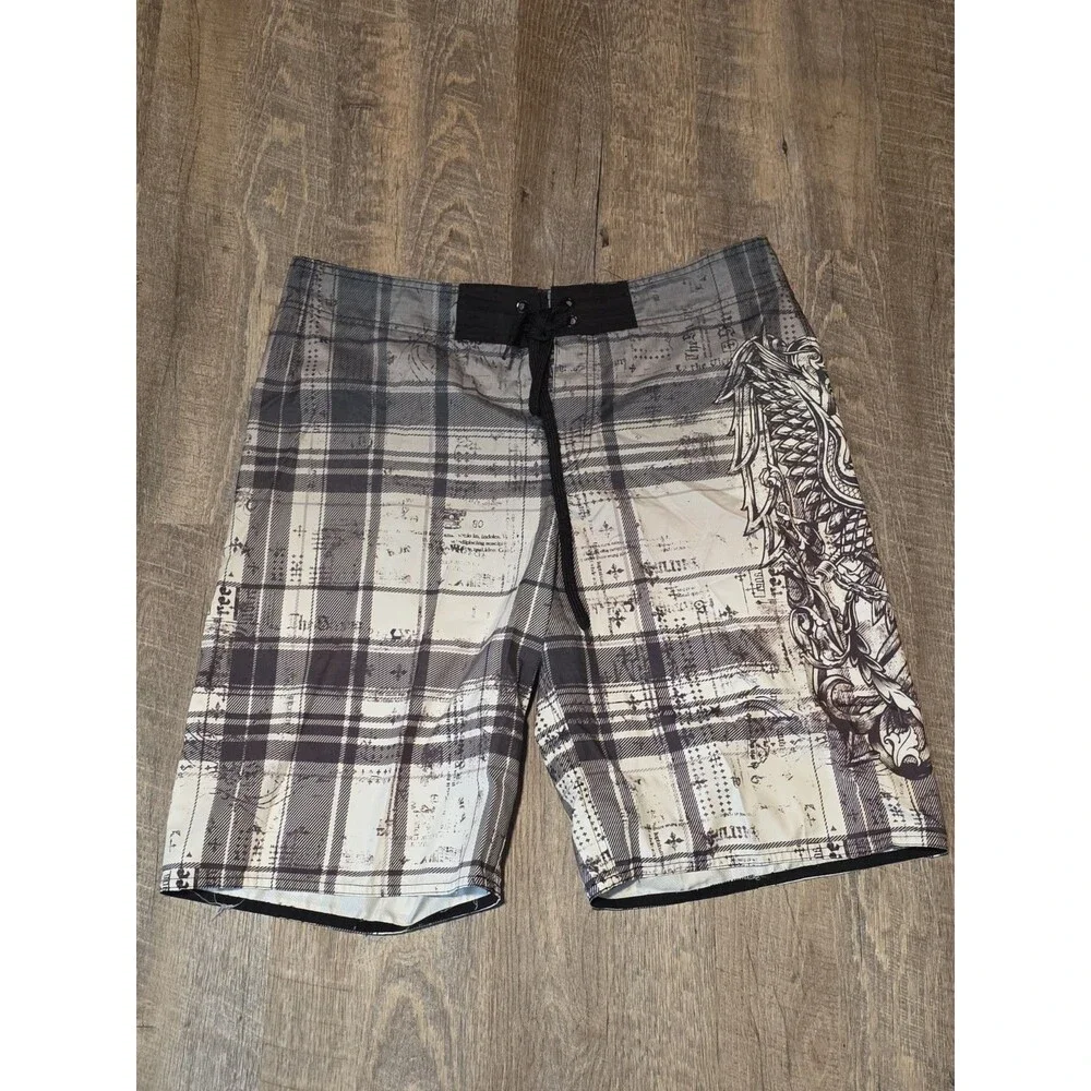 Machine Ornamental Board Shorts Men's Size 36 Eagle Shield Black White Swimming
